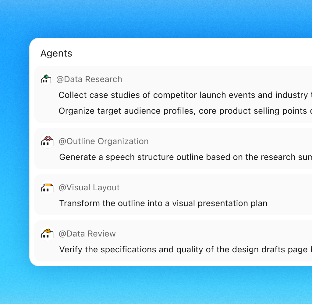 Illustration of research, outline planning, visual design, and data review agents collaborating on a presentation