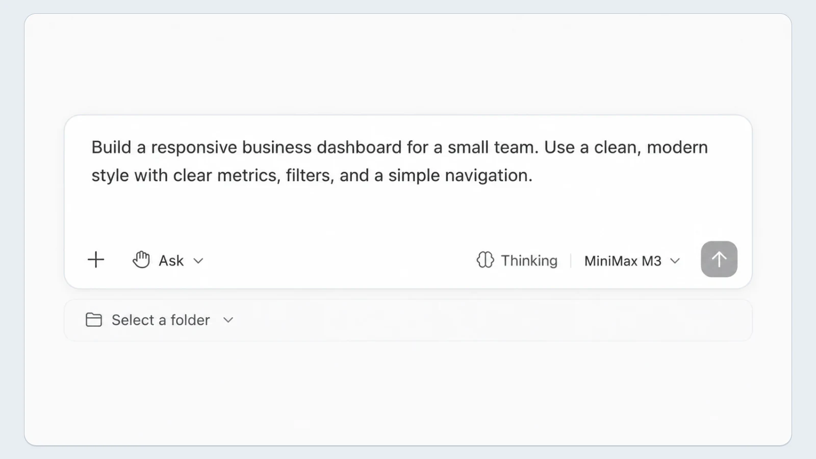 MiniMax Code prompt describing a responsive business dashboard and selecting a project folder