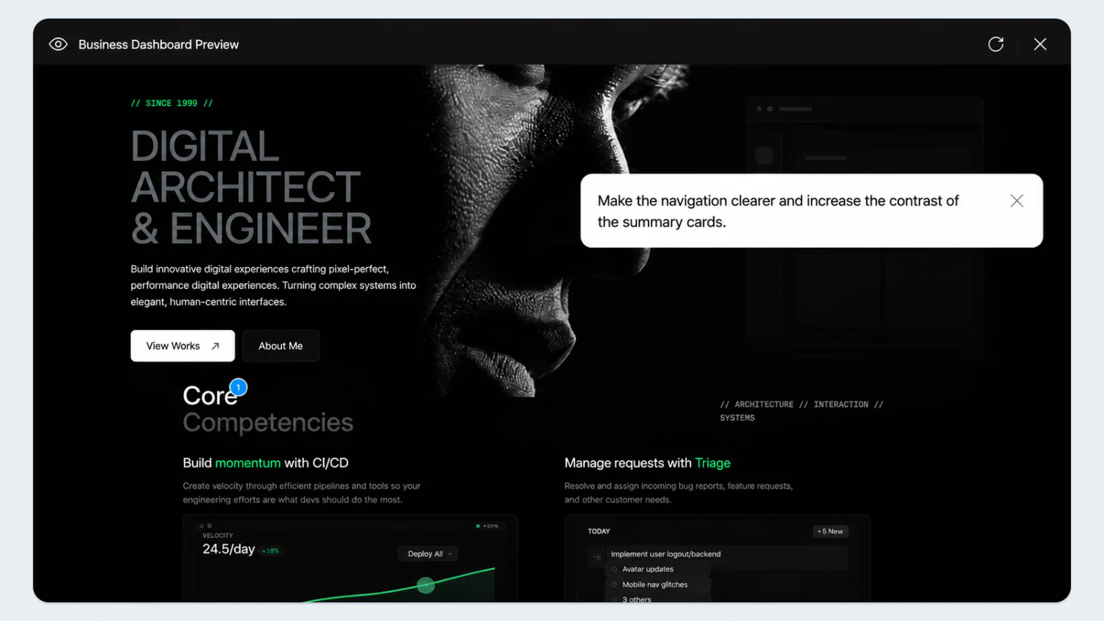 Business dashboard preview with natural-language feedback asking for clearer navigation and stronger summary-card contrast