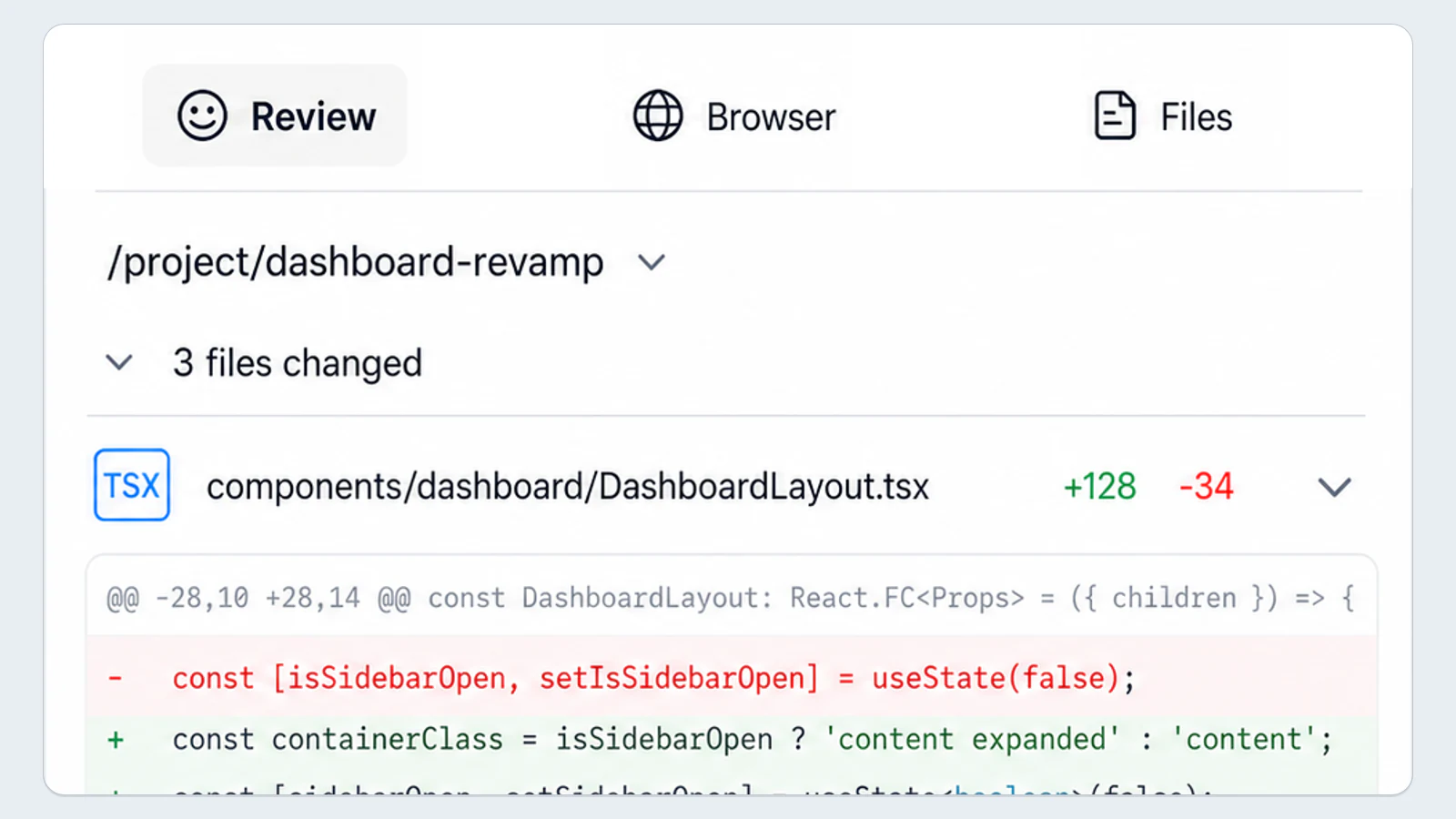 MiniMax Code review showing completed dashboard improvements, changed files, code diffs, and a passed build
